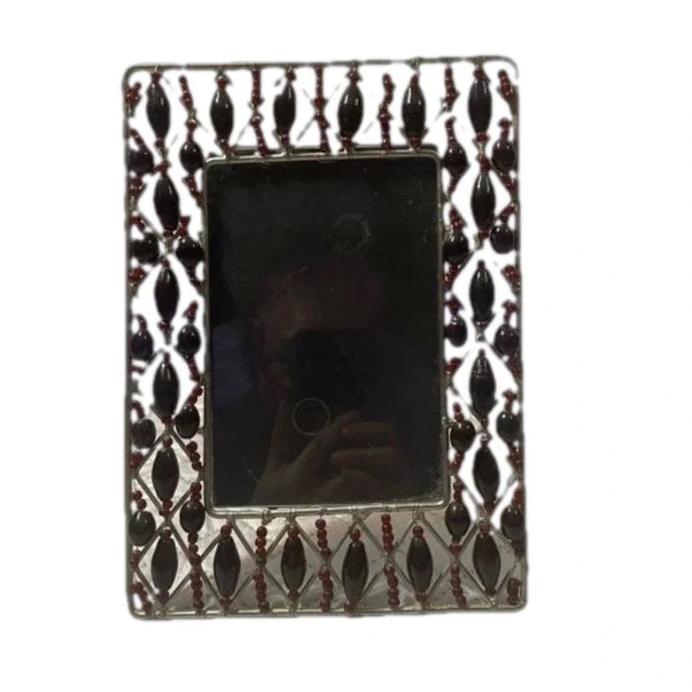 Vintage Silver Heavy Metal Handcrafted Grannycore Picture Frame With Beads 6'4